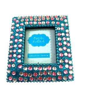 VTG Cupcakes‎ & Cartwheels Micro Picture Frame Blue Pink Crystals 1.25x1.5 Photo